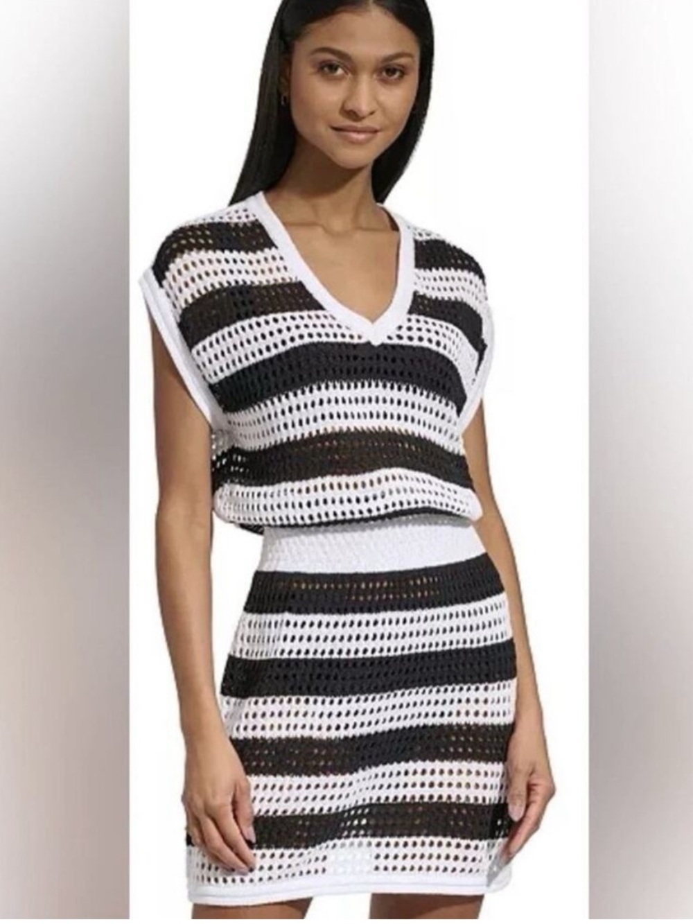 DKNY Beachwear Black and White Striped Crochet Swim Coverup Dress
